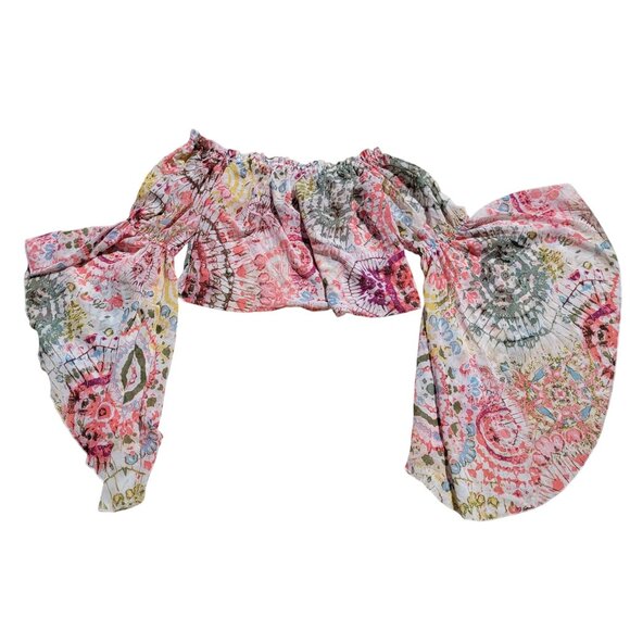 Sheer Floral Off-The-Shoulder Crop Top Angel Sleeves Sz XL Boho Festival India - Picture 1 of 7